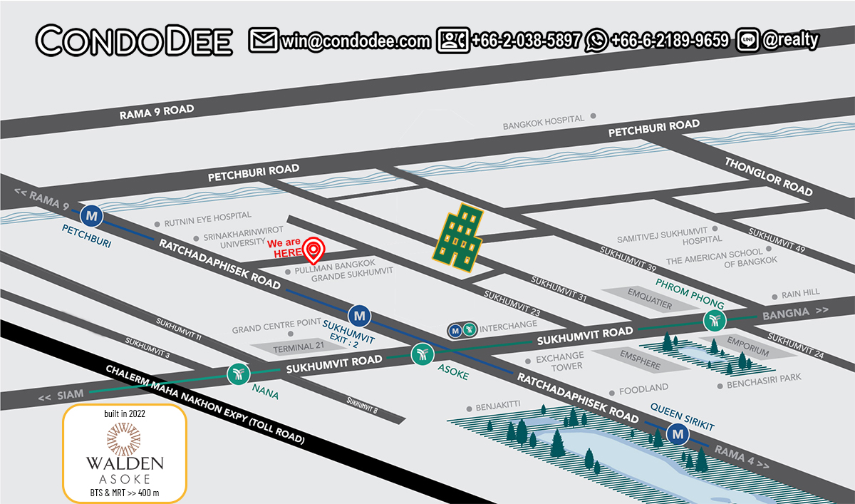 Walden Asoke Sukhumvit 23 luxury condo for sale in Bangkok central business district was built in 2022 by Habitat Group