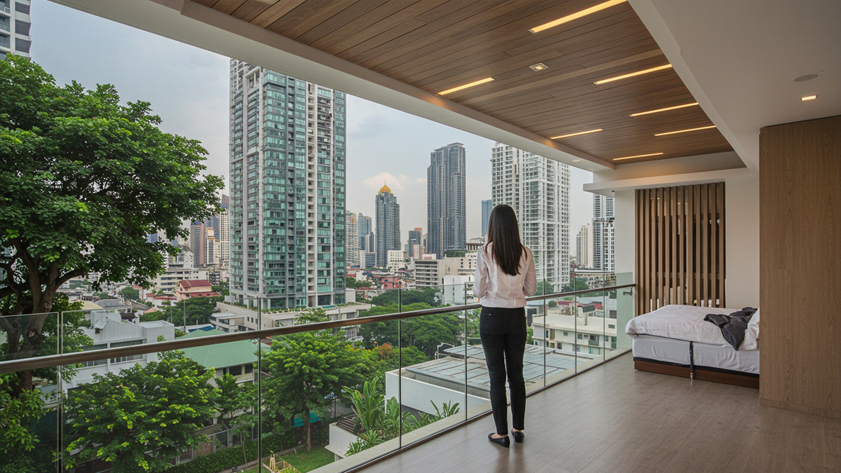 A diverse couple smiling and proudly holding up keys in front of a modern high-rise condominium building in Bangkok, symbolizing successful and secure condo ownership and property investment for foreigners