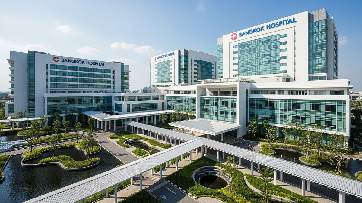 The modern, multi-building campus of Bangkok Hospital, a leader in specialized medical care in Thailand