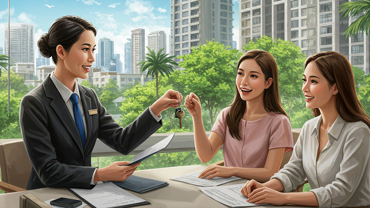 Professional Bangkok real estate agent handing keys to happy clients | ตัวแทนอสังหาฯ กรุงเทพมอบกุญแจให้ลูกค้าที่พึงพอใจ