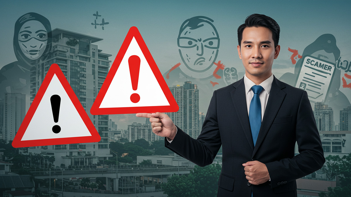Real estate agent with warning signs, alerting to property scams in Bangkok | ตัวแทนอสังหาฯ ชี้เตือนกลโกงในกรุงเทพ
