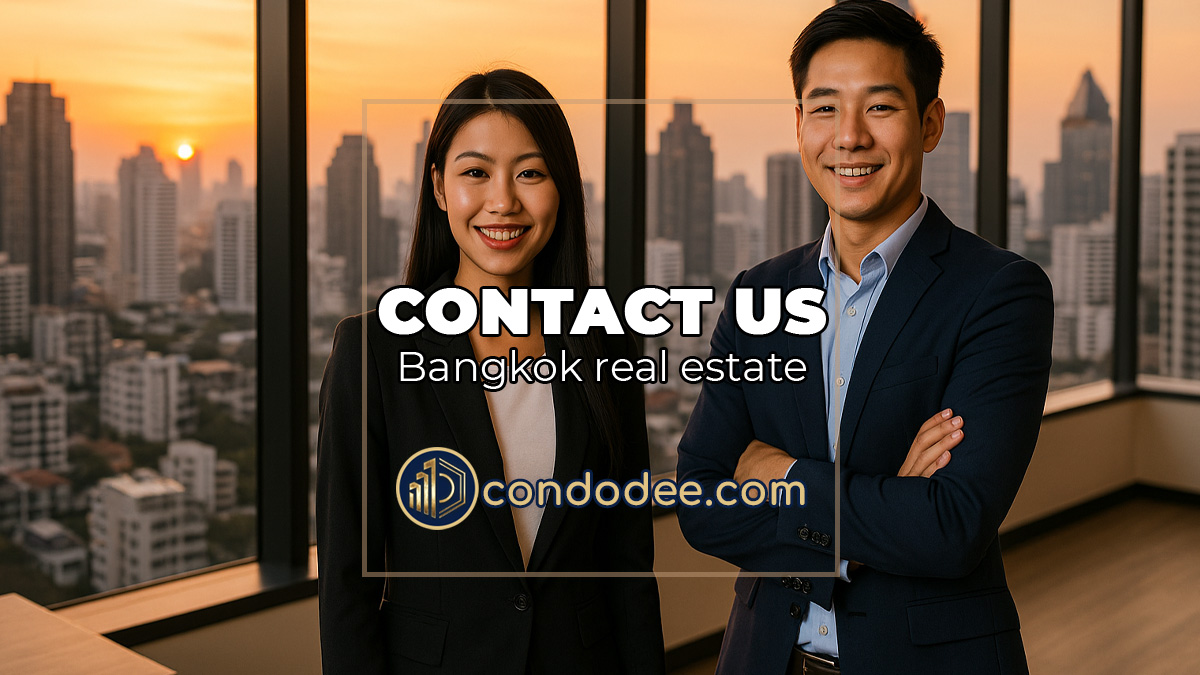 Bangkok skyline with real estate contact overlay | ภาพเมืองกรุงเทพฯ พร้อมติดต่อทีมอสังหาฯ