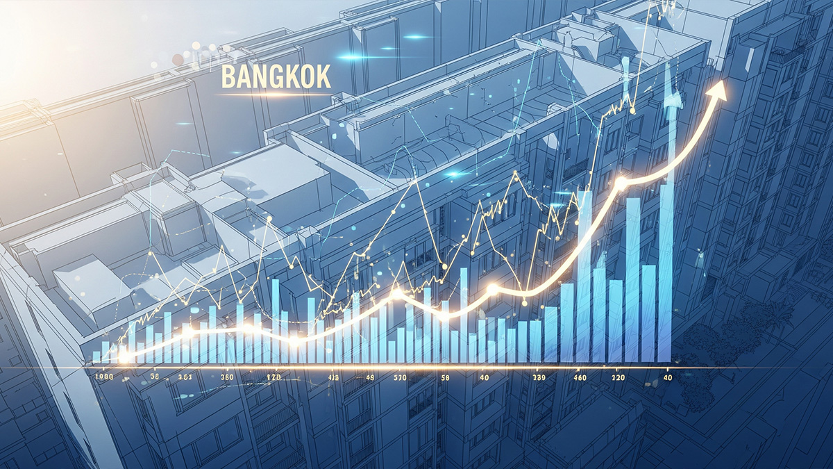 An architectural blueprint with a glowing chart showing the investment growth and rising property values of Phrom Phong condos. | ลงทุนคอนโดกรุงเทพ