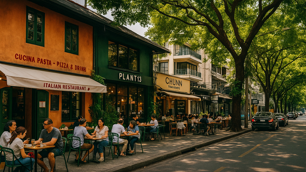 Sukhumvit 61 cafes and restaurants with outdoor seating and tree-lined street | ร้านอาหารสุขุมวิท 61 พร้อมบรรยากาศร่มรื่น