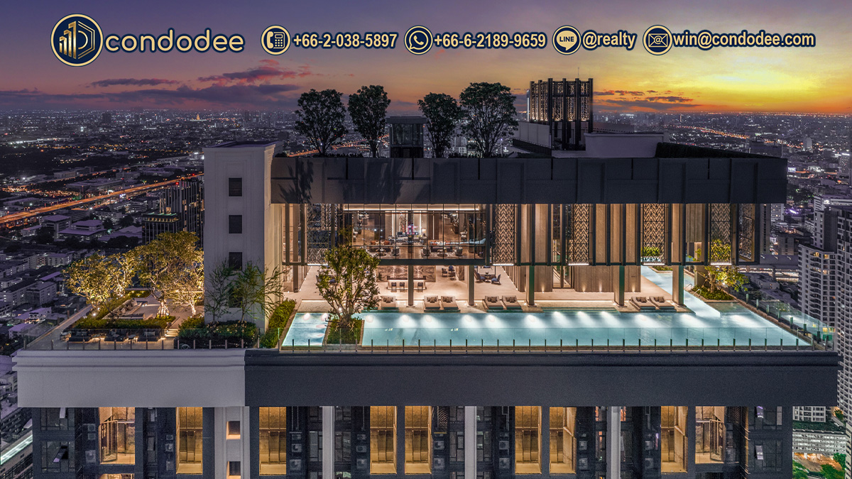 The Address Siam-Ratchathewi luxury condominium exterior with city skyline view and BTS Skytrain nearby in Bangkok. | คอนโด ดิ แอดเดรส สยาม-ราชเทวี หรูหรา วิวเมือง ใกล้ BTS ราชเทวี กรุงเทพ